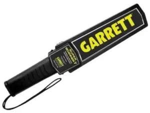 Handheld metal detector Garrett Super Scanner offers self-calibrating scan screening. Audible/vibrating alarms good battery life for professional security.