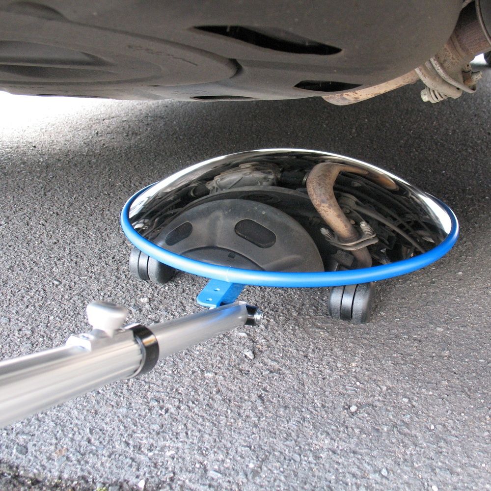 Buy under vehicle search mirror for security inspections. Heavy-duty, shatterproof mirror with LED light for airports, checkpoints, and parking security.